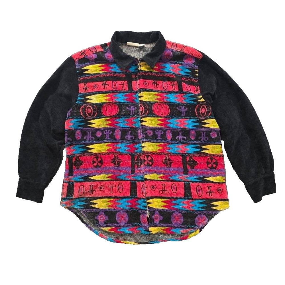 Chico's vintage chenille jacket Southwestern Aztec tribal print zip M A009347
